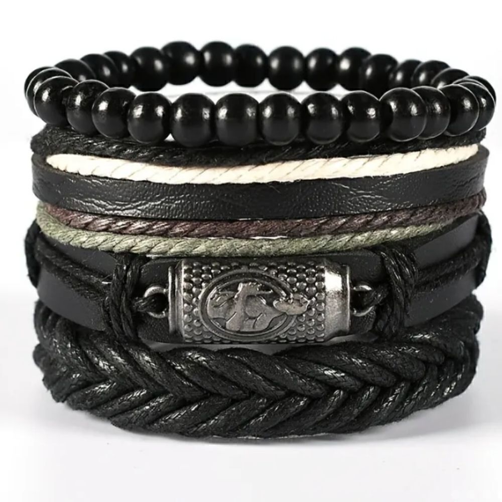 4‎ Men's leather bracelets set layered beaded black new d100